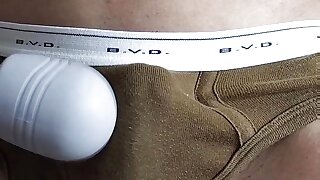 I tried to ejaculate inside the BVD bikini briefs (the color is khaki!).