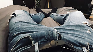 University student jerking off in blue jeans after class (no cum)