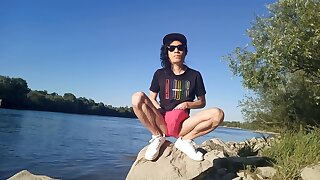 Risky Public Masturbation, Cumshot Outside, Outdoors, By The Water, Of A Twink With Long Black Hair